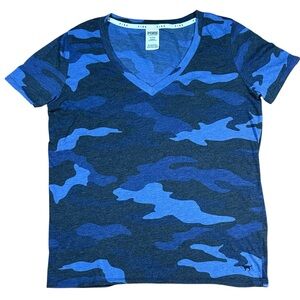 Pink Victorias Secret Sleepwear Top Women Medium Blue Camo V-Neck Pullover Tee